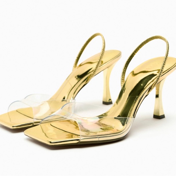 Gold& clear slide on heeled sandals - Picture 1 of 6